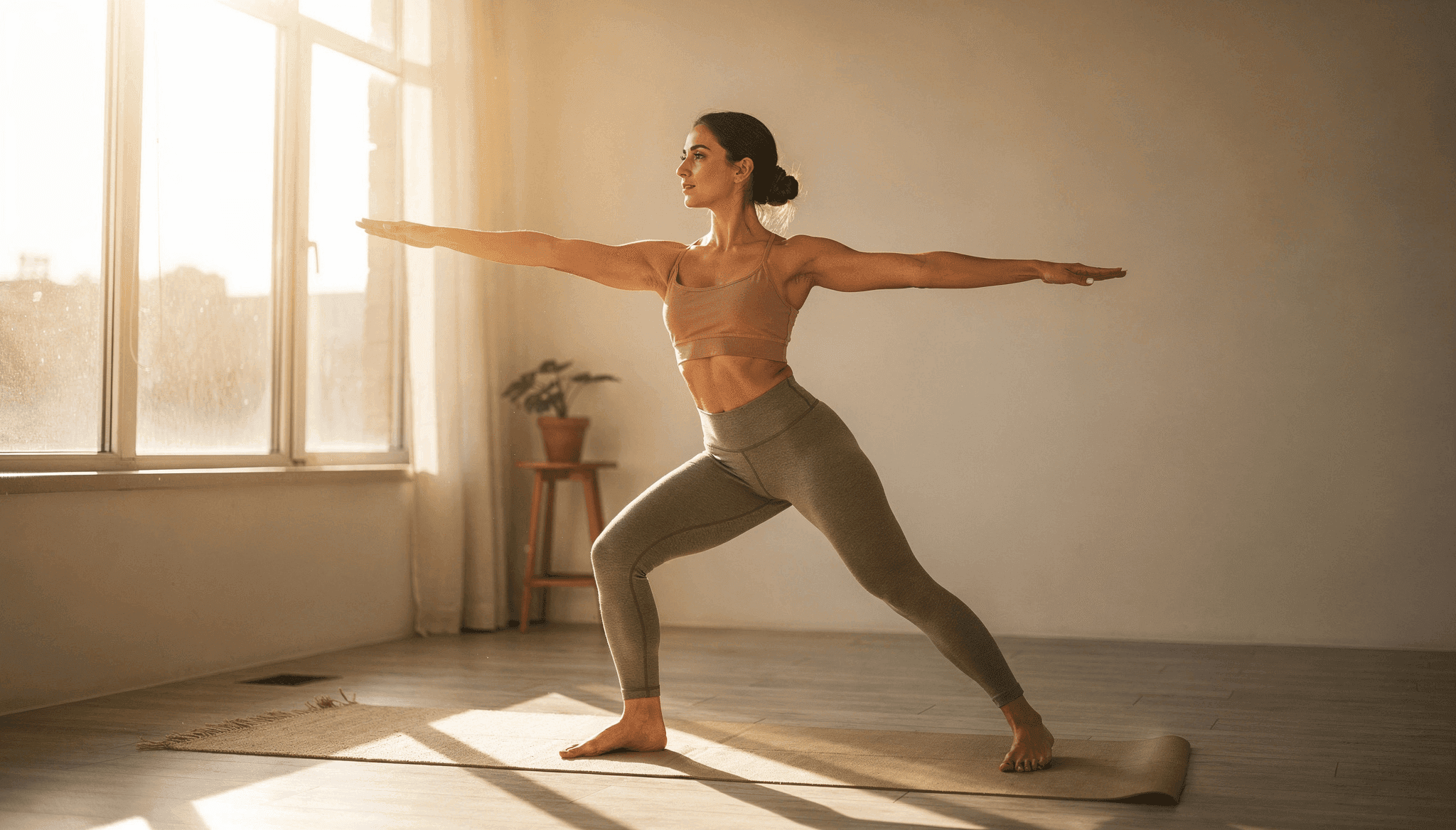 Woman in sage activewear holding warrior II pose in bright studio